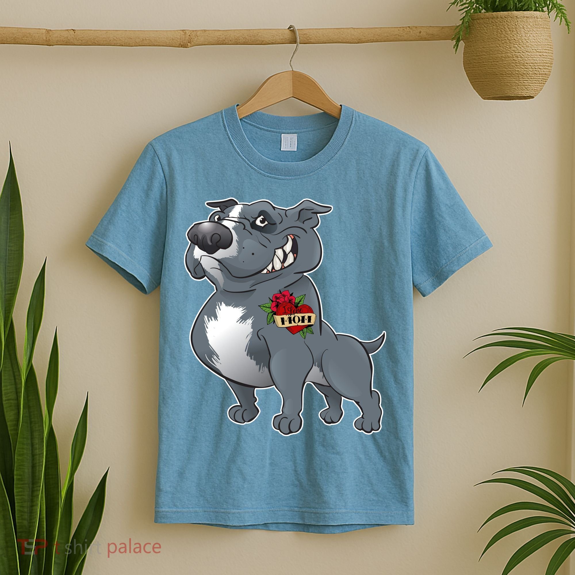 Grey Pitbull I Love Mom T-Shirt