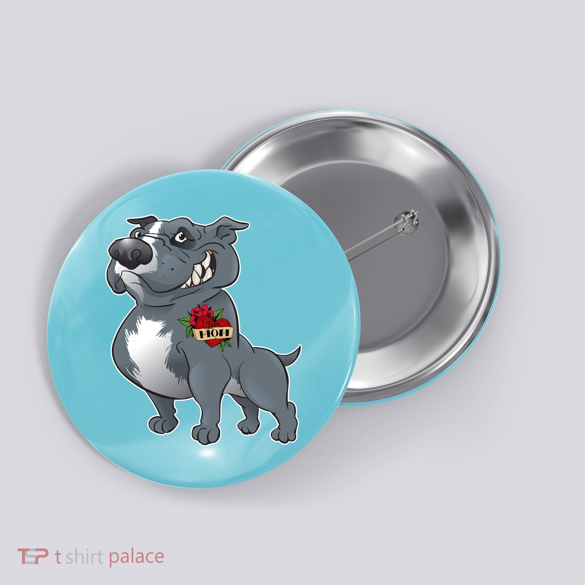Grey Pitbull I Love Mom Button