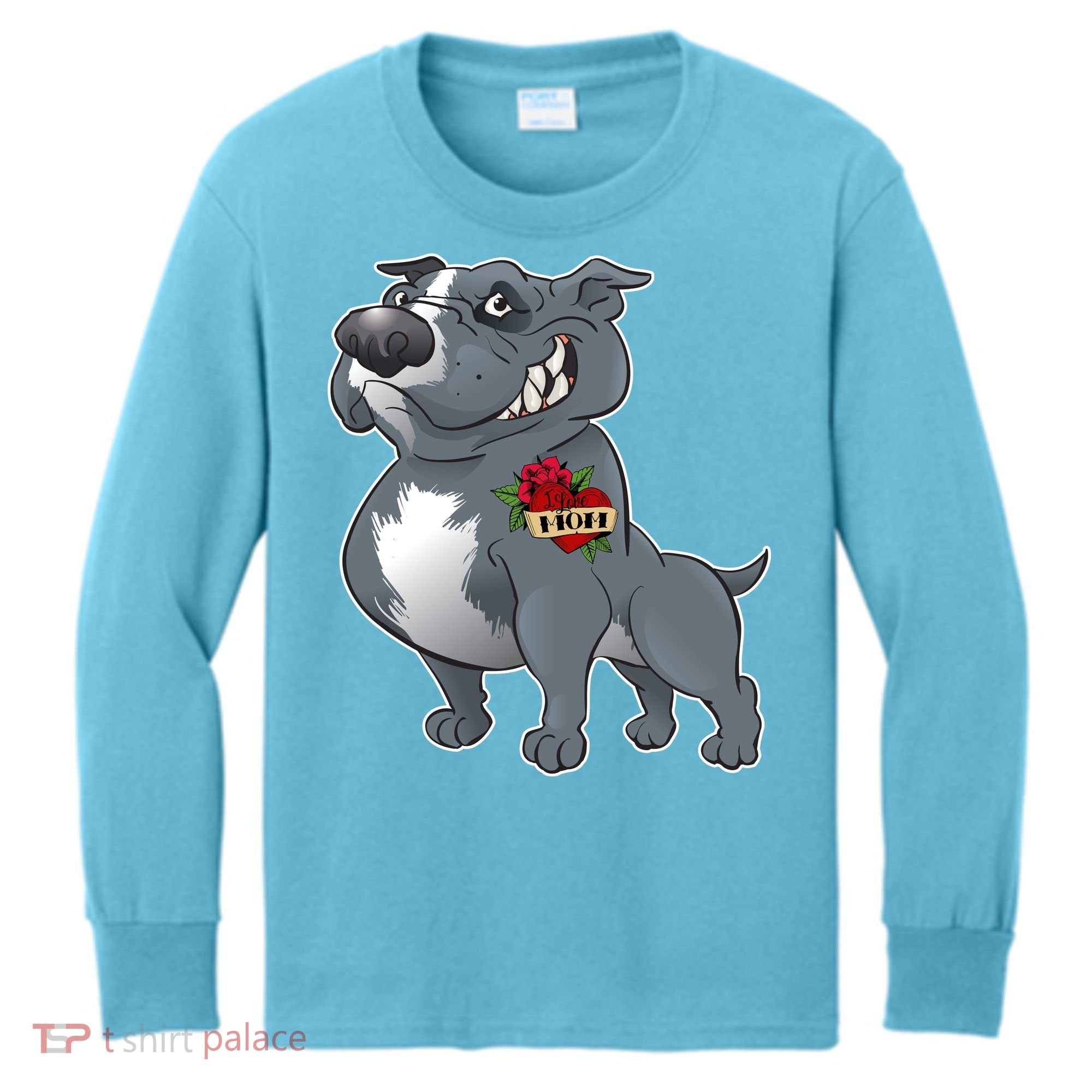 Grey Pitbull I Love Mom Kids Long Sleeve Shirt