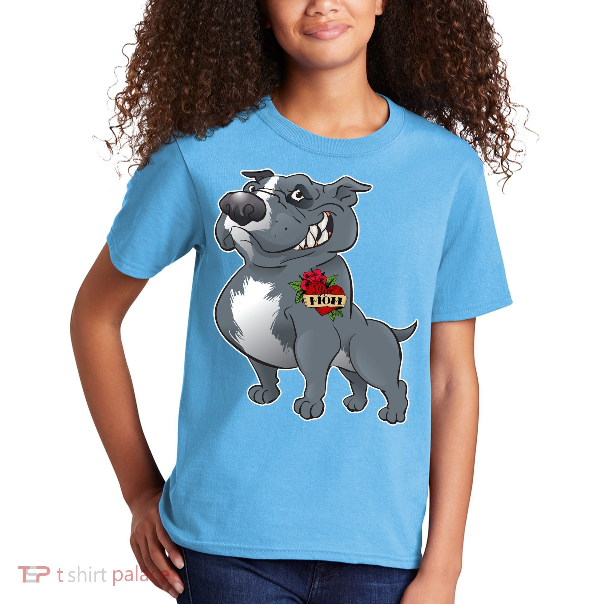 Grey Pitbull I Love Mom Kids T-Shirt