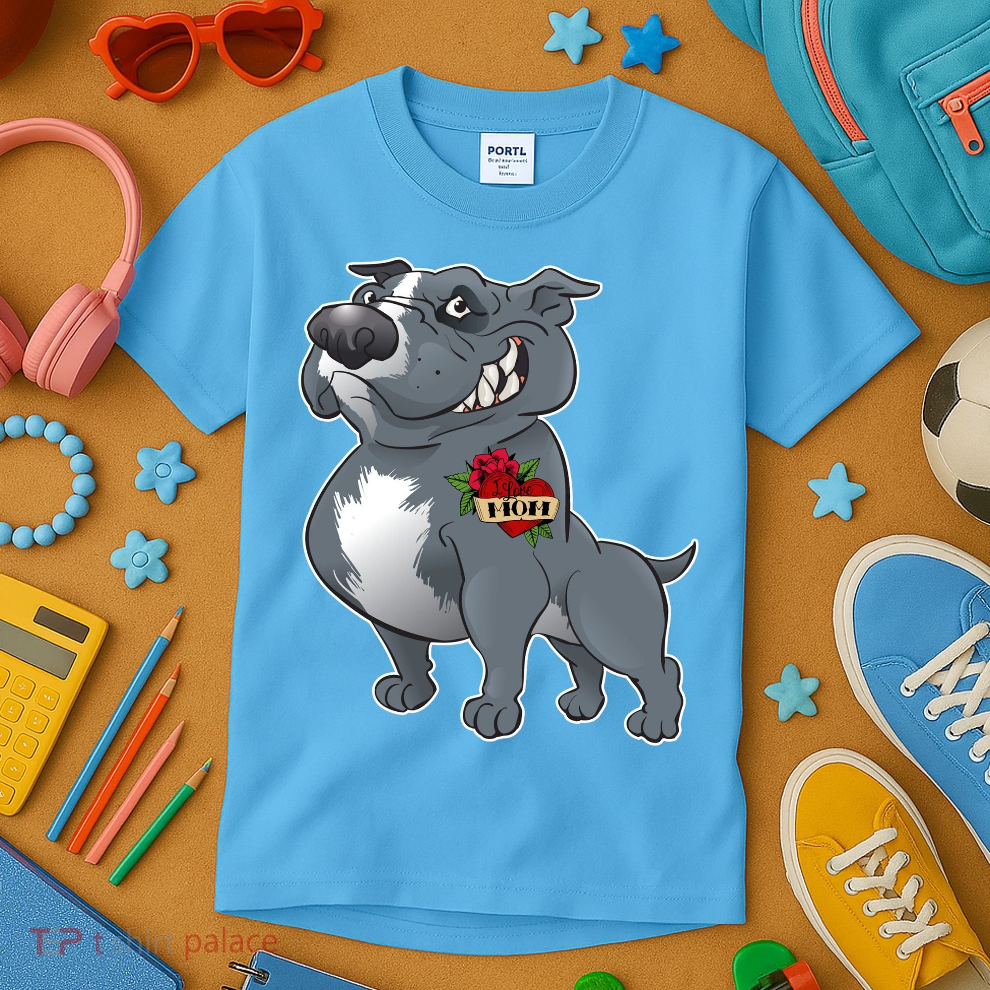 Grey Pitbull I Love Mom Kids T-Shirt