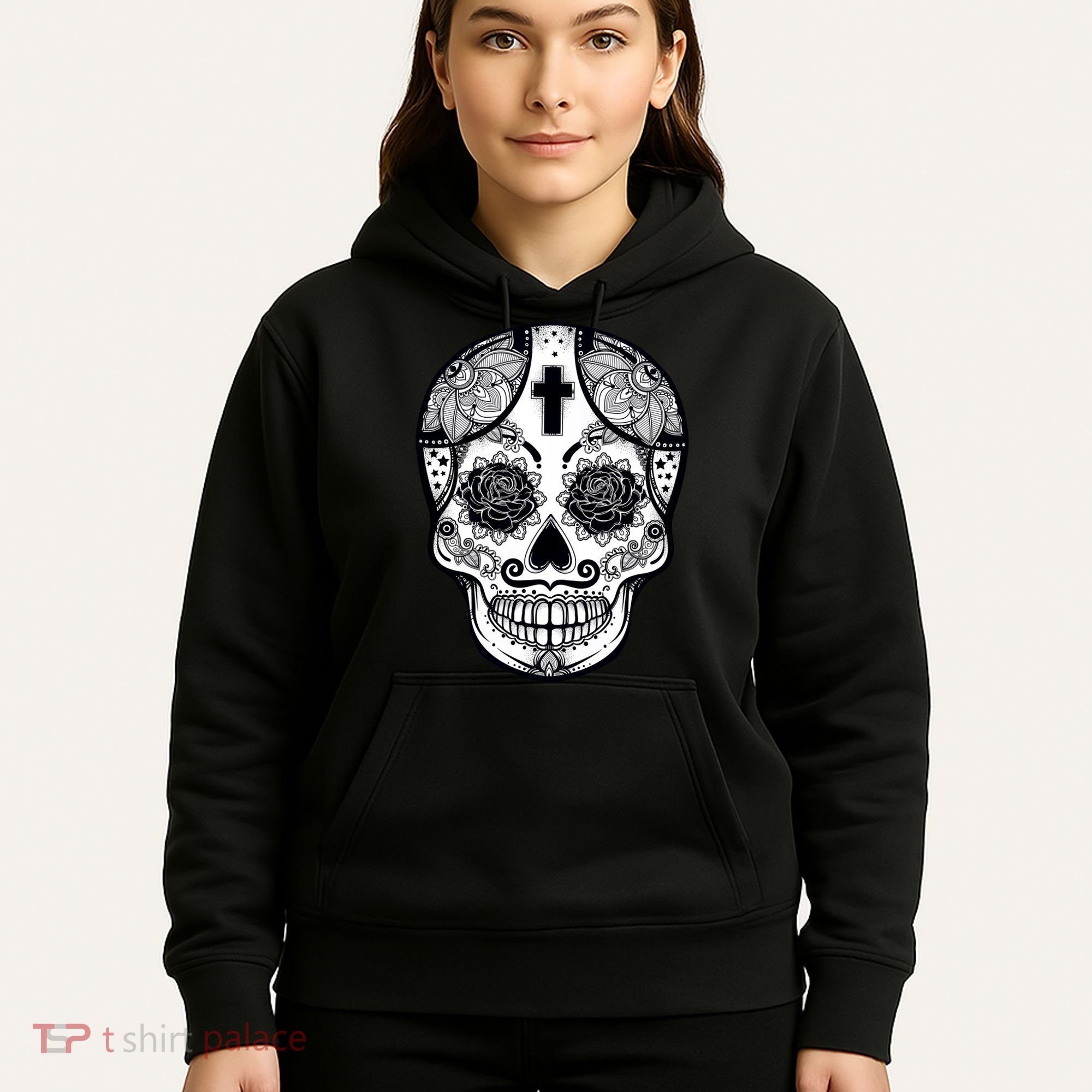 Grey Style Flower Skull Skeleton Graphic Hoodie