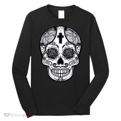 Grey Style Flower Skull Skeleton Graphic Long Sleeve Shirt
