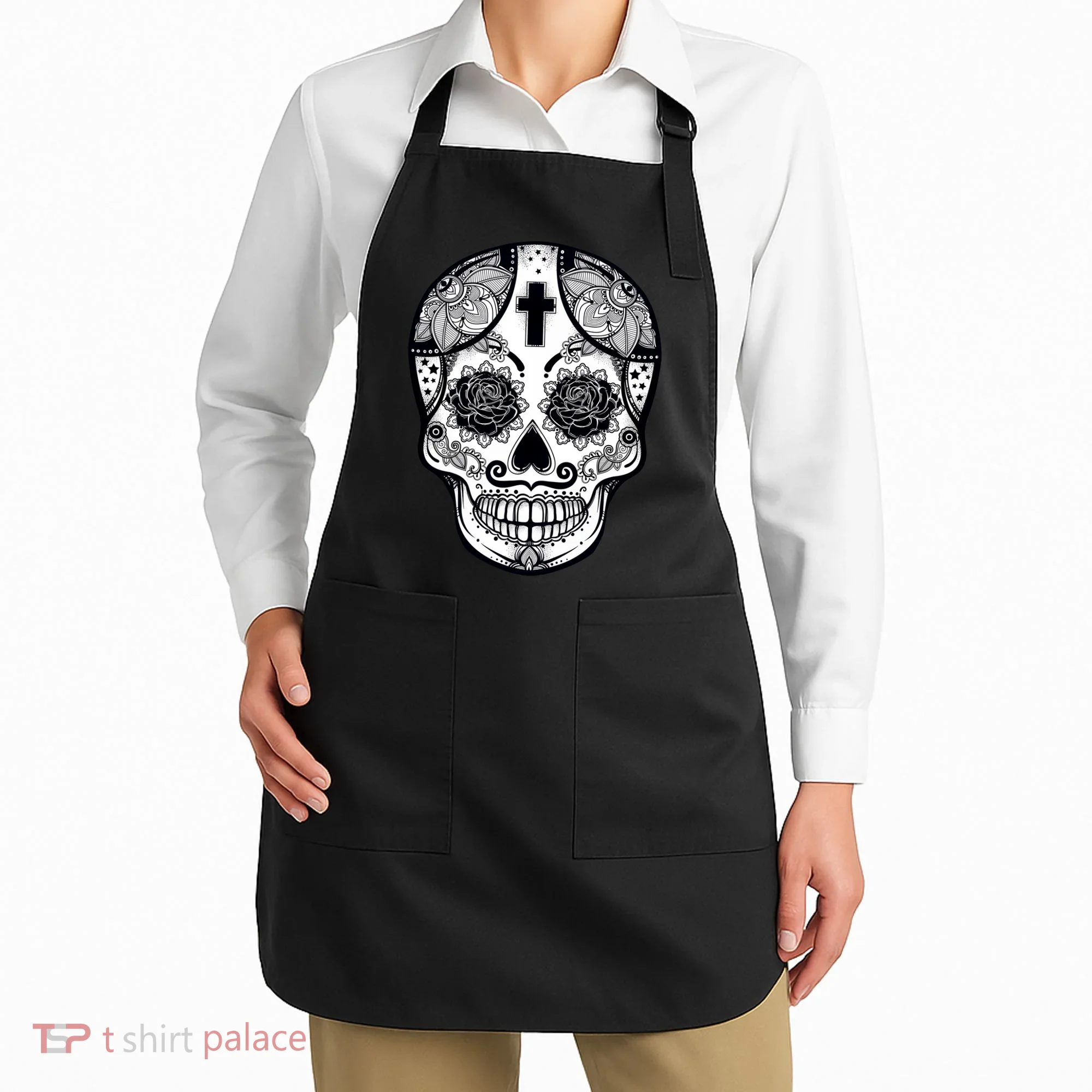 Grey Style Flower Skull Skeleton Graphic Apron