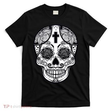Grey Style Flower Skull Skeleton Graphic T-Shirt