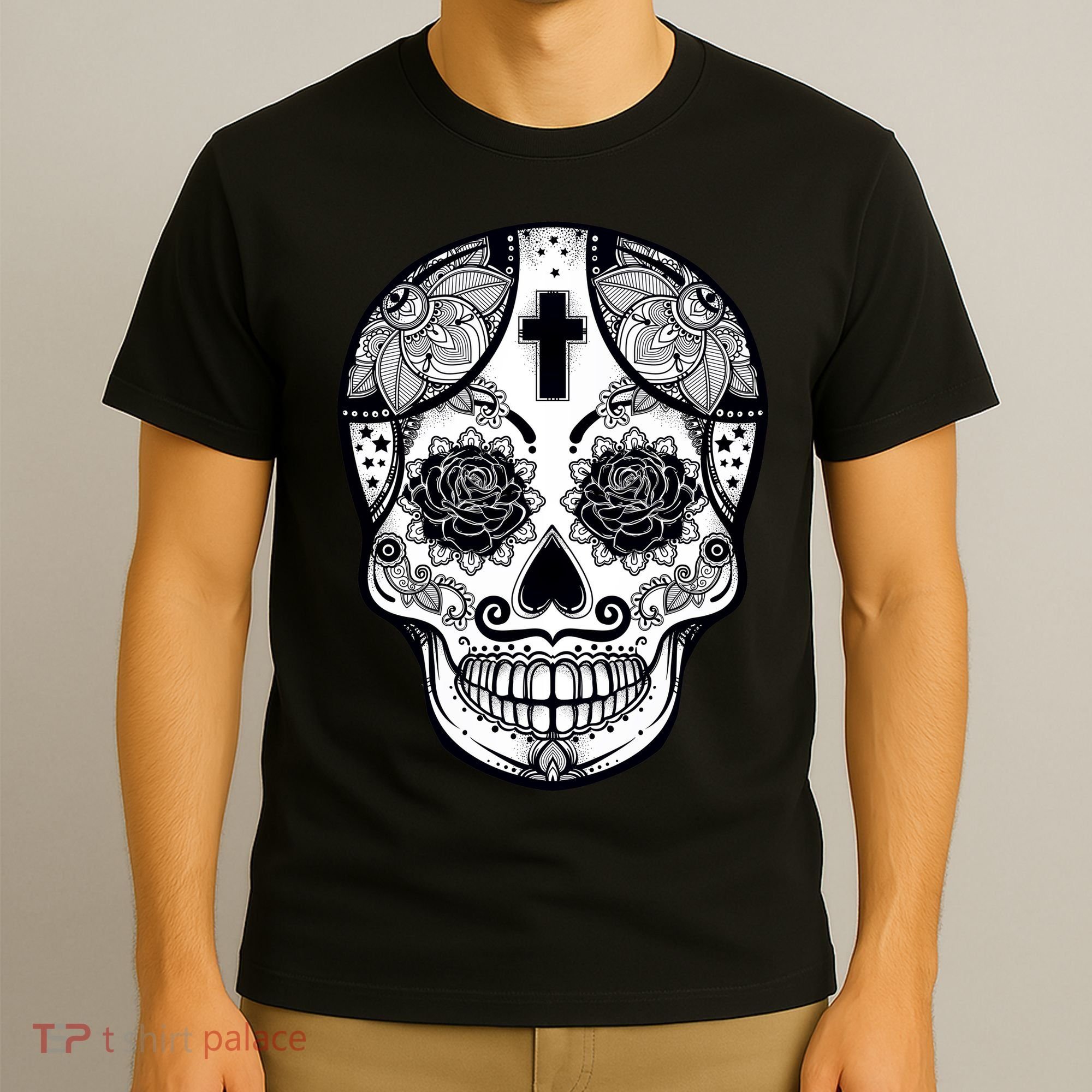 Grey Style Flower Skull Skeleton Graphic T-Shirt
