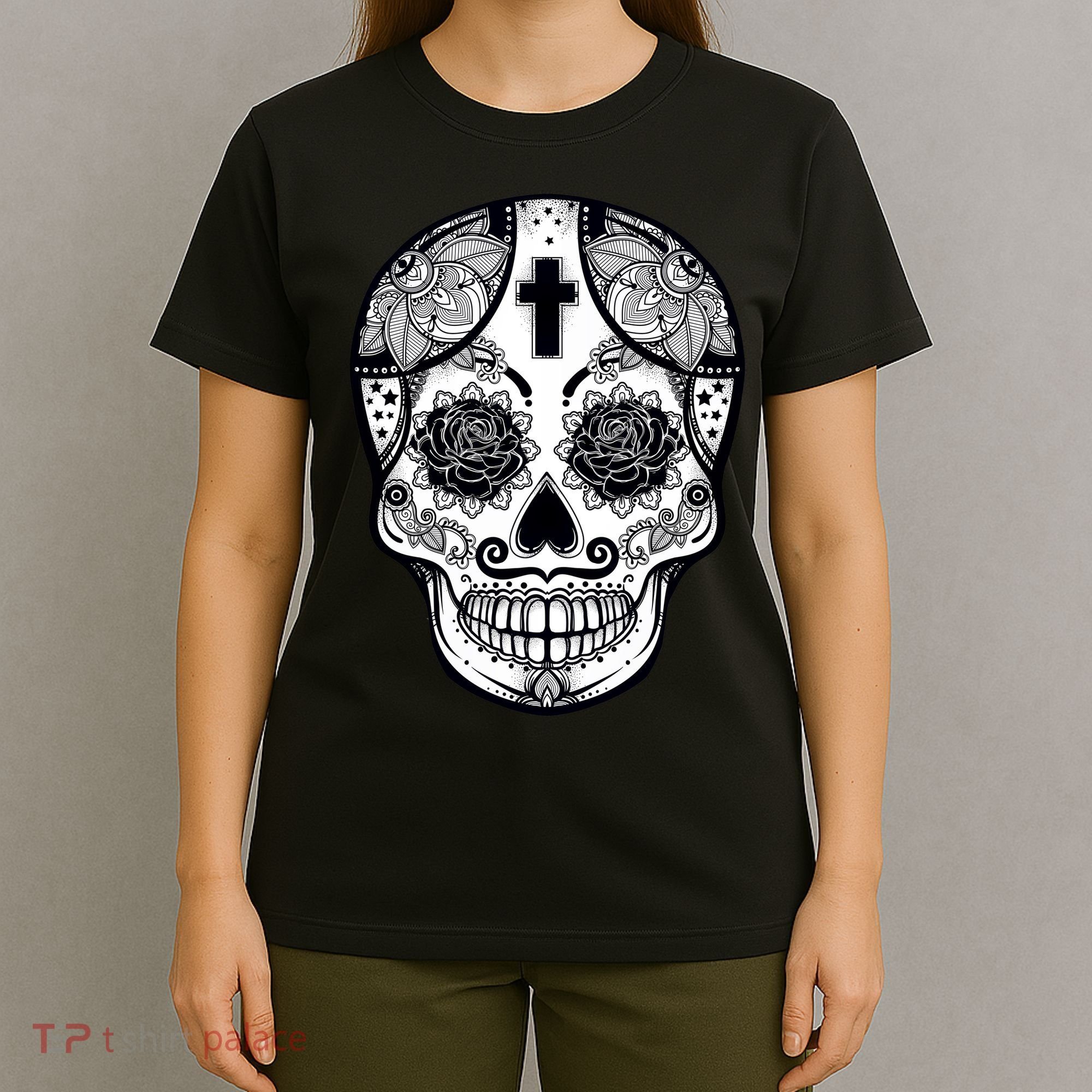 Grey Style Flower Skull Skeleton Graphic T-Shirt