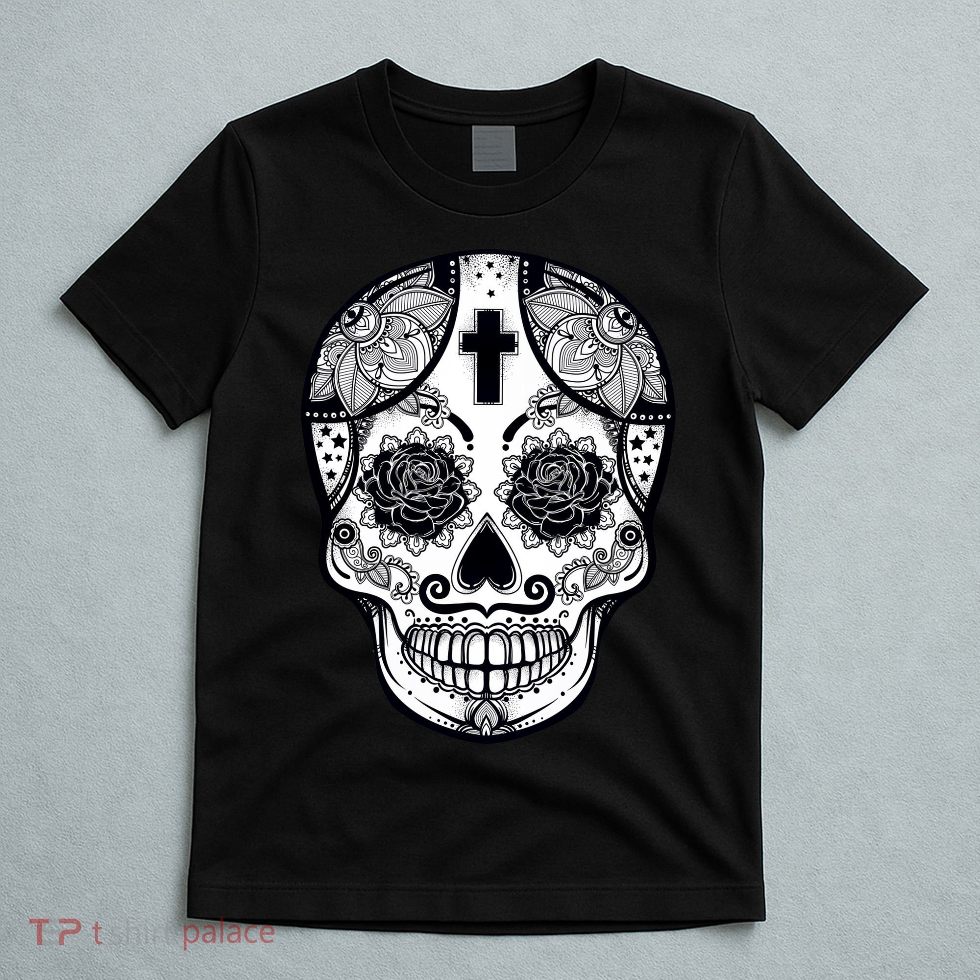 Grey Style Flower Skull Skeleton Graphic T-Shirt