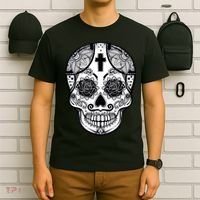Grey Style Flower Skull Skeleton Graphic T-Shirt thumb 6