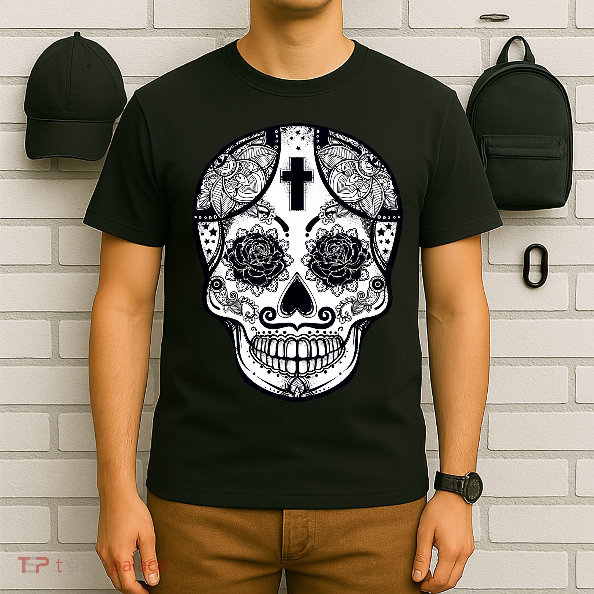 Grey Style Flower Skull Skeleton Graphic T-Shirt