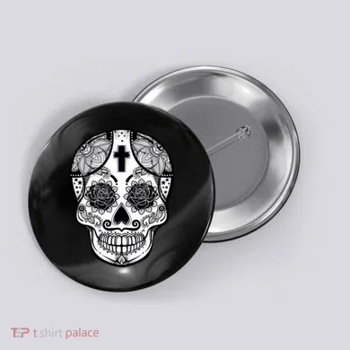 Grey Style Flower Skull Skeleton Graphic Button