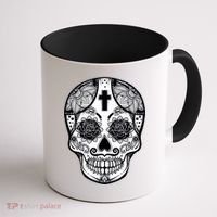 Grey Style Flower Skull Skeleton Graphic Coffee Mug thumb 1
