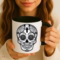 Grey Style Flower Skull Skeleton Graphic Coffee Mug thumb 3
