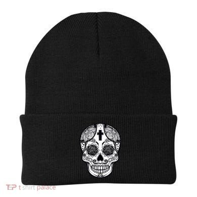Grey Style Flower Skull Skeleton Graphic Beanie