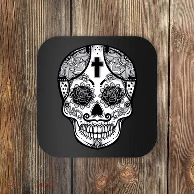 Grey Style Flower Skull Skeleton Graphic Coaster