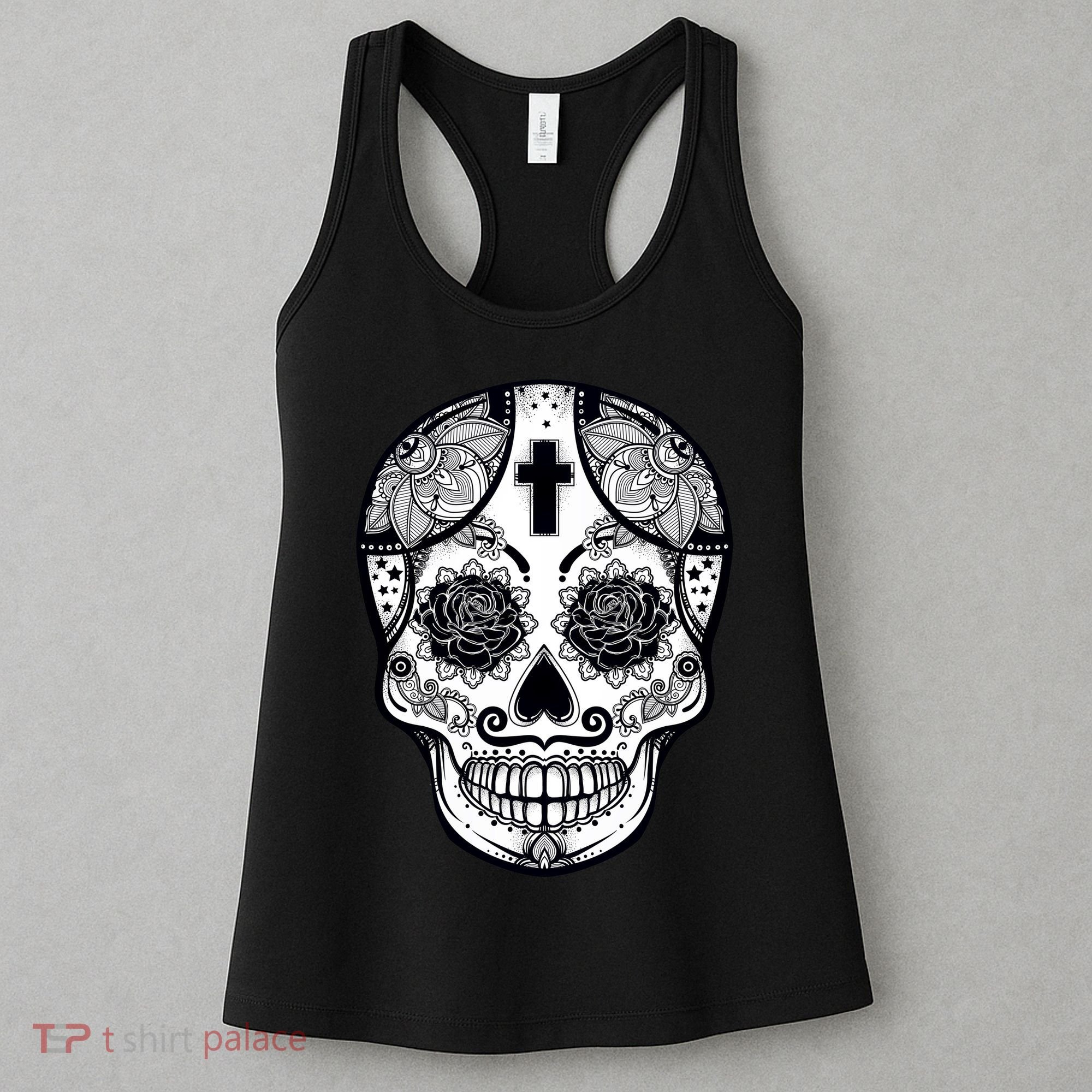 Grey Style Flower Skull Skeleton Graphic Women's Tank Top
