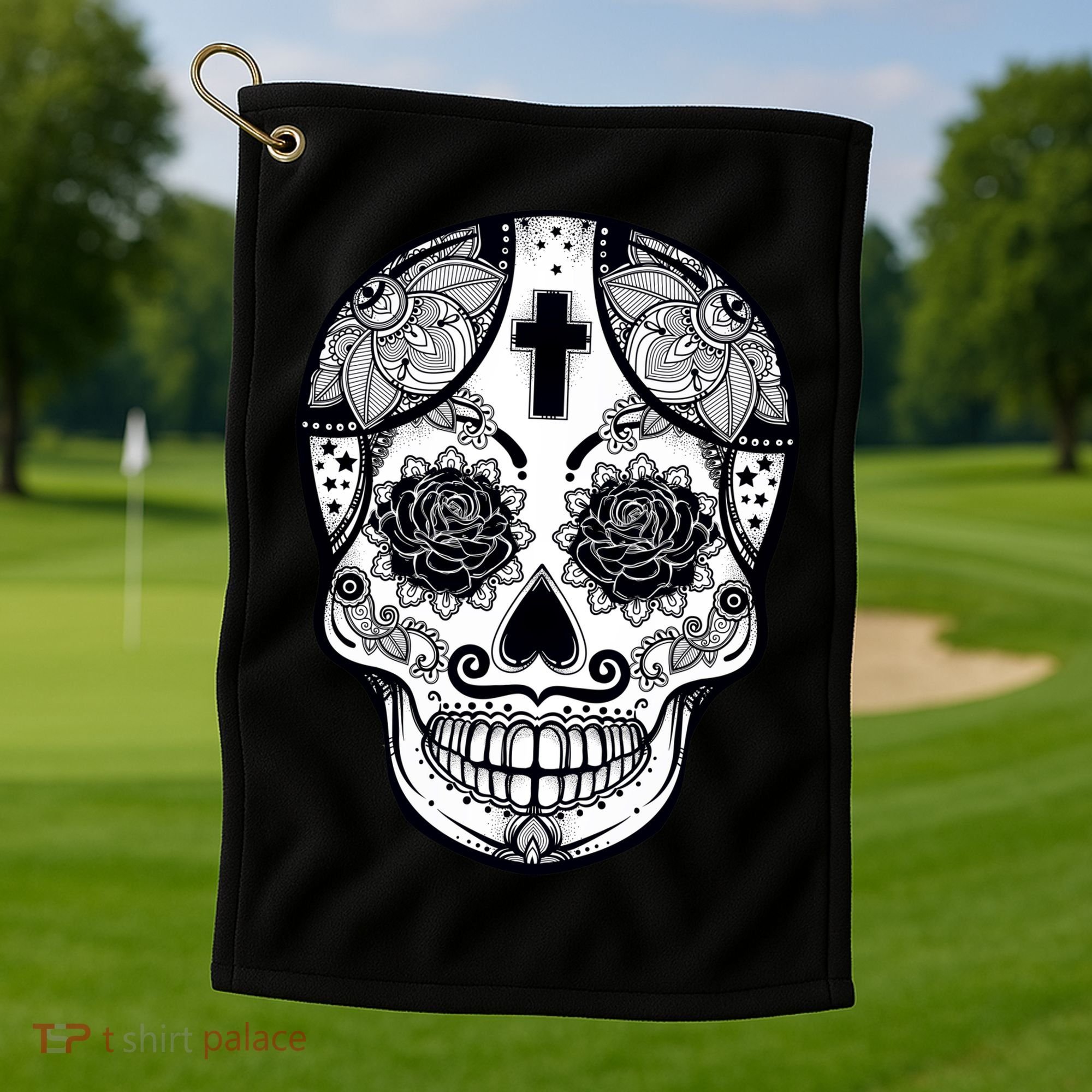 Grey Style Flower Skull Skeleton Graphic Golf Towel