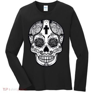 Grey Style Flower Skull Skeleton Graphic Women's Long Sleeve Shirt