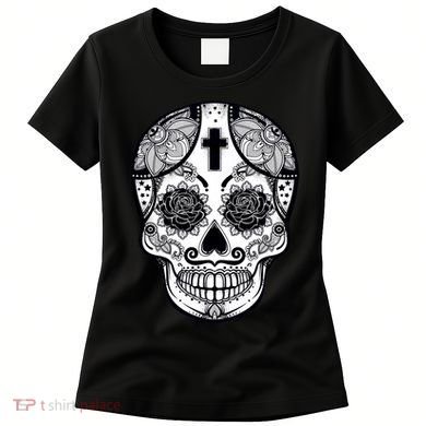 Grey Style Flower Skull Skeleton Graphic Women's T-Shirt