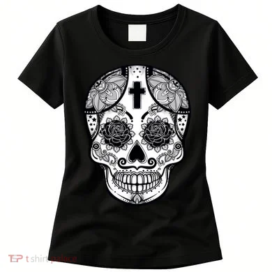 Grey Style Flower Skull Skeleton Graphic Women's T-Shirt