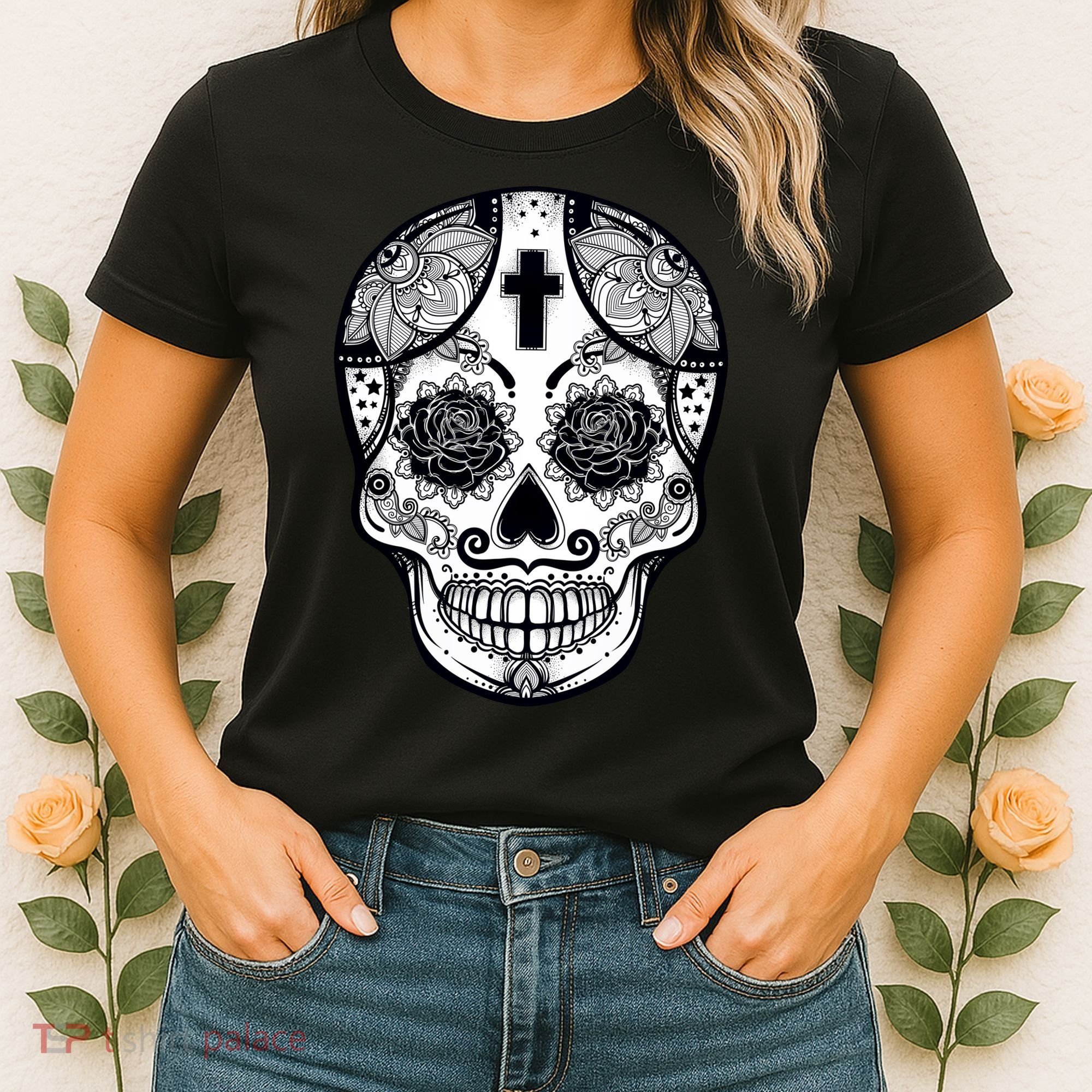 Grey Style Flower Skull Skeleton Graphic Women's T-Shirt