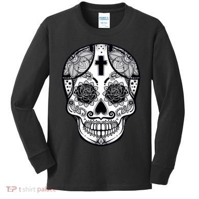 Grey Style Flower Skull Skeleton Graphic Kids Long Sleeve Shirt