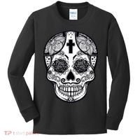 Grey Style Flower Skull Skeleton Graphic Kids Long Sleeve Shirt thumb 0
