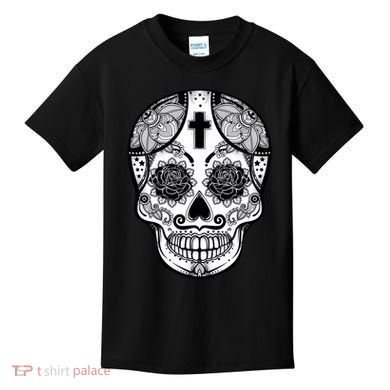Grey Style Flower Skull Skeleton Graphic Kids T-Shirt