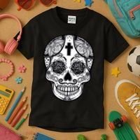Grey Style Flower Skull Skeleton Graphic Kids T-Shirt thumb 3