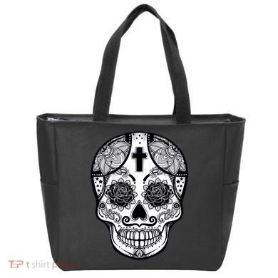 Grey Style Flower Skull Skeleton Graphic Tote Bag