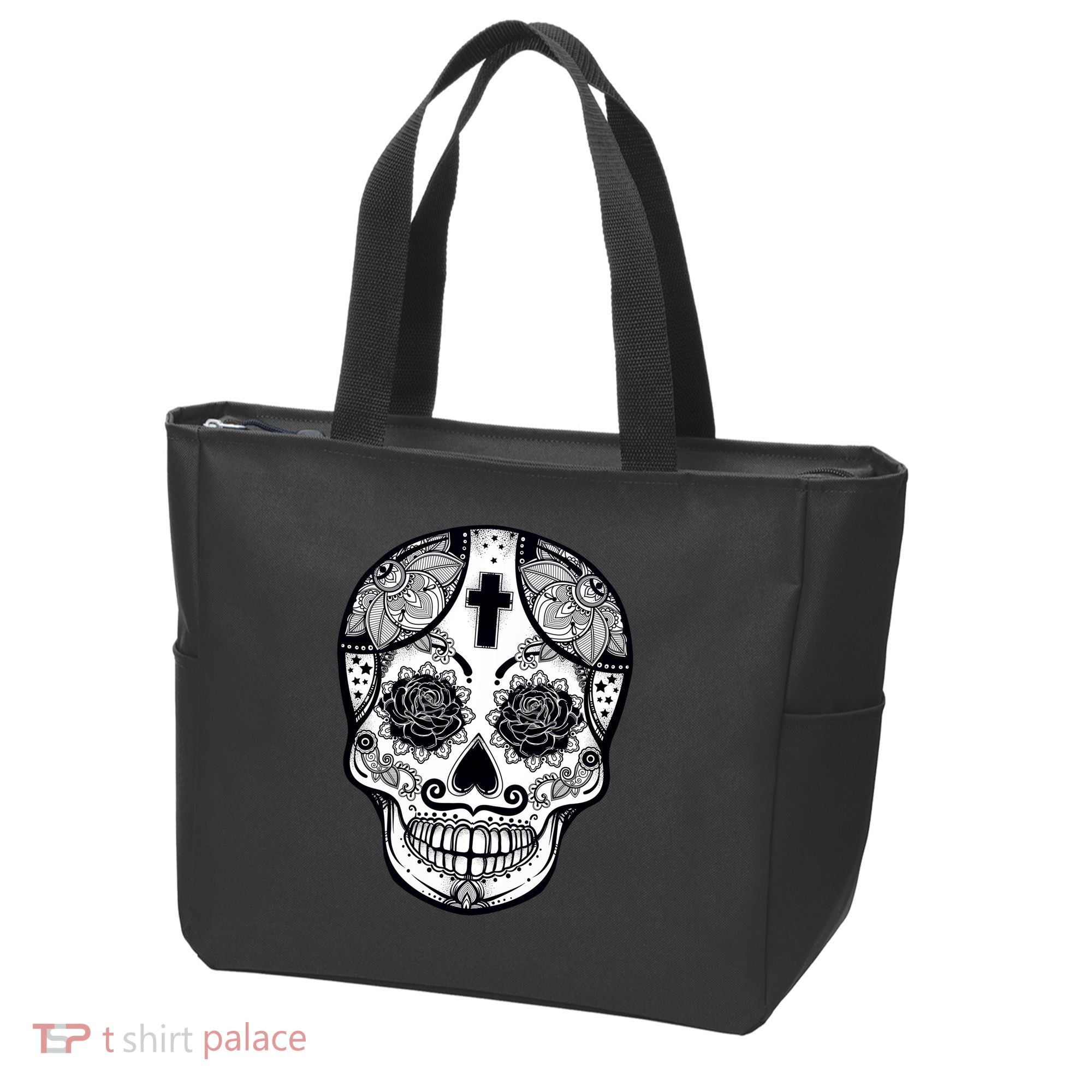 Grey Style Flower Skull Skeleton Graphic Tote Bag