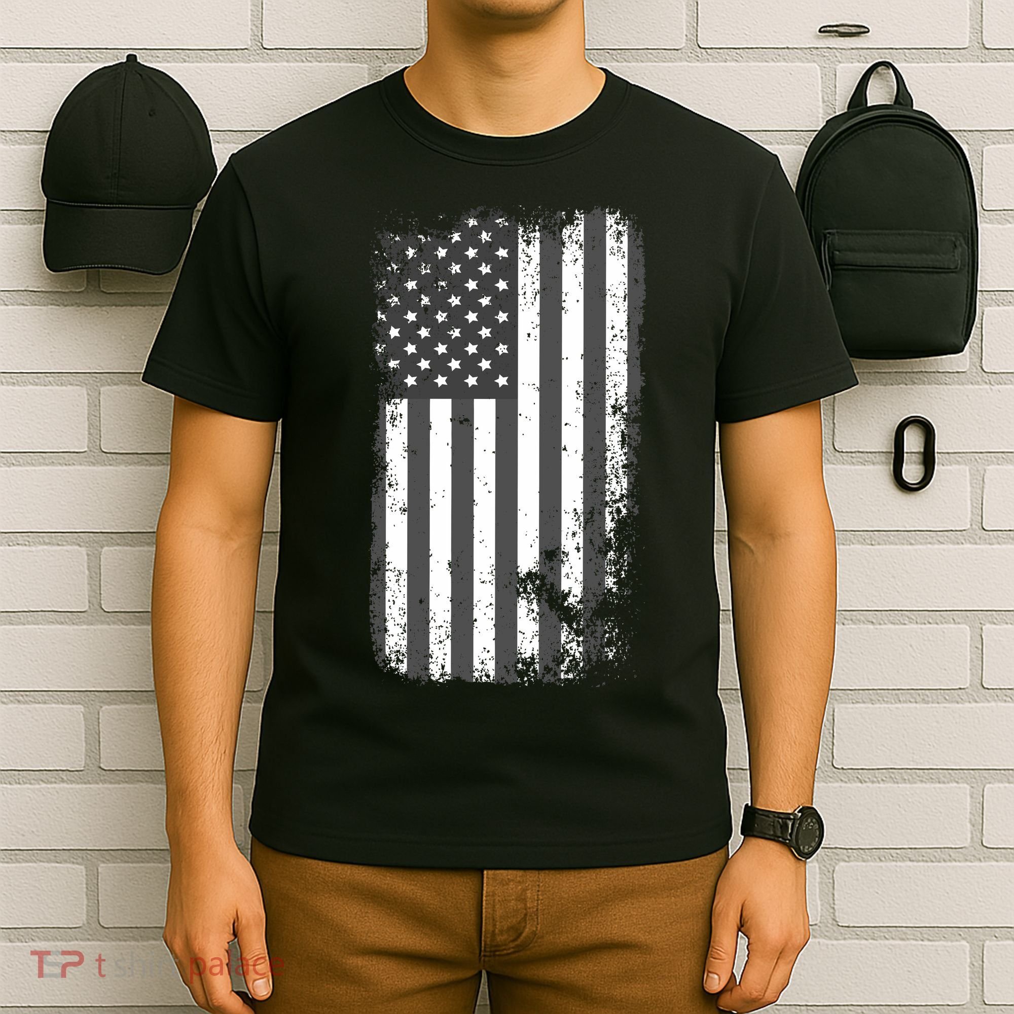 Grey Style Vintage torn USA American Flag T-Shirt