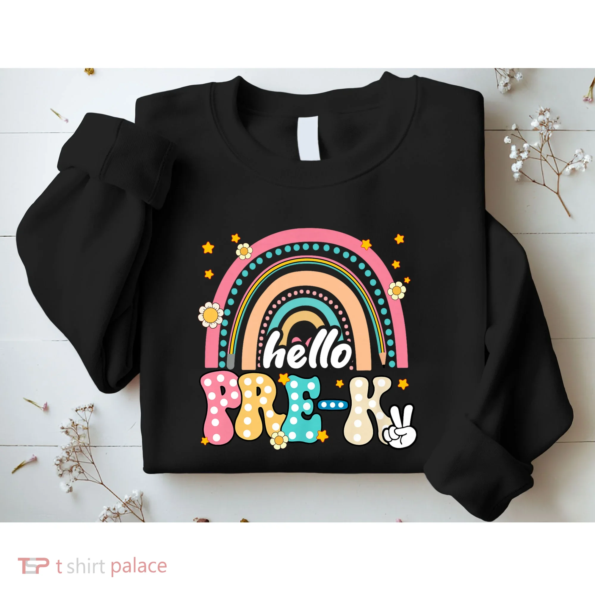 Groovy Rainbow Hello Pre K First Day Teacher Sweatshirt