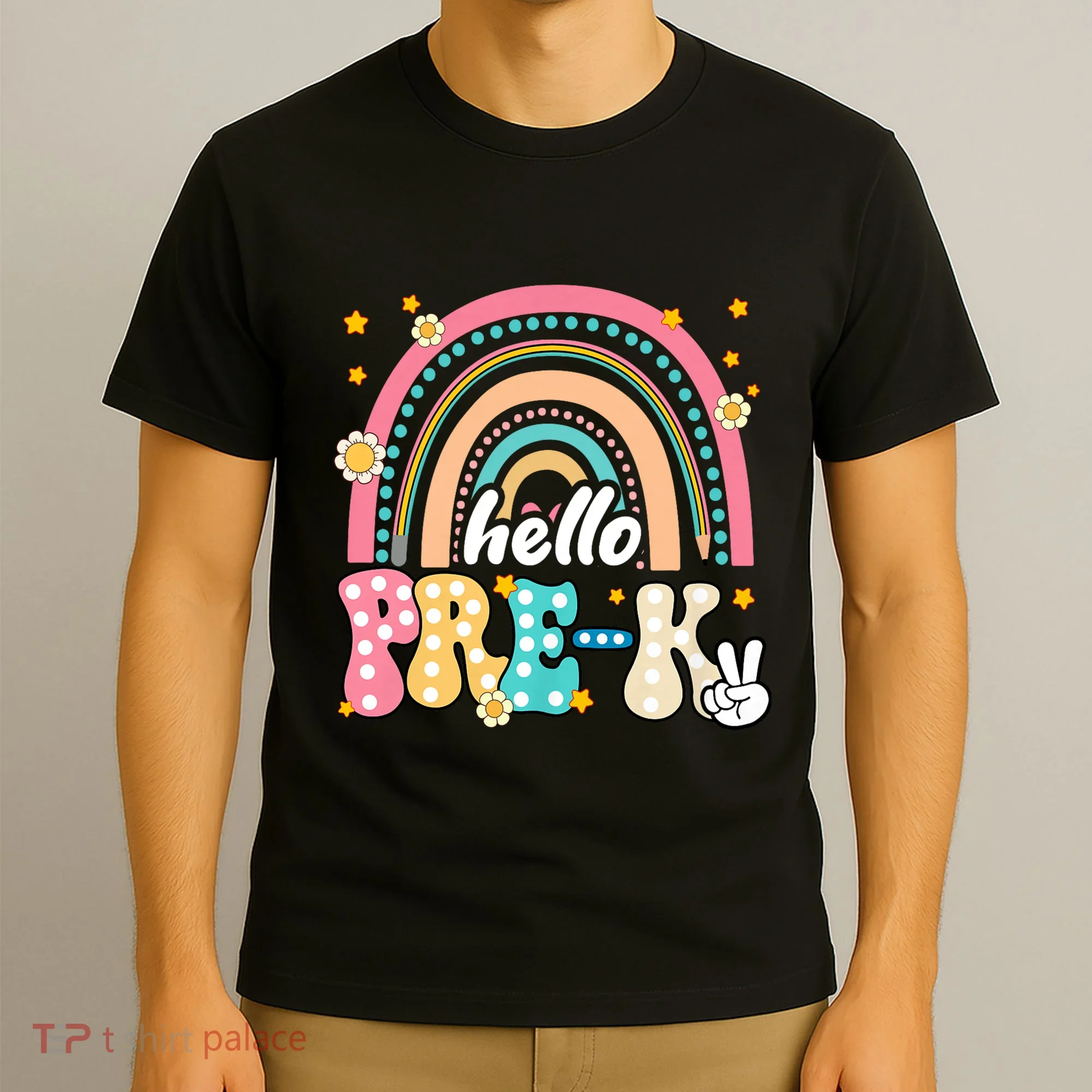 Groovy Rainbow Hello Pre K First Day Teacher T-Shirt