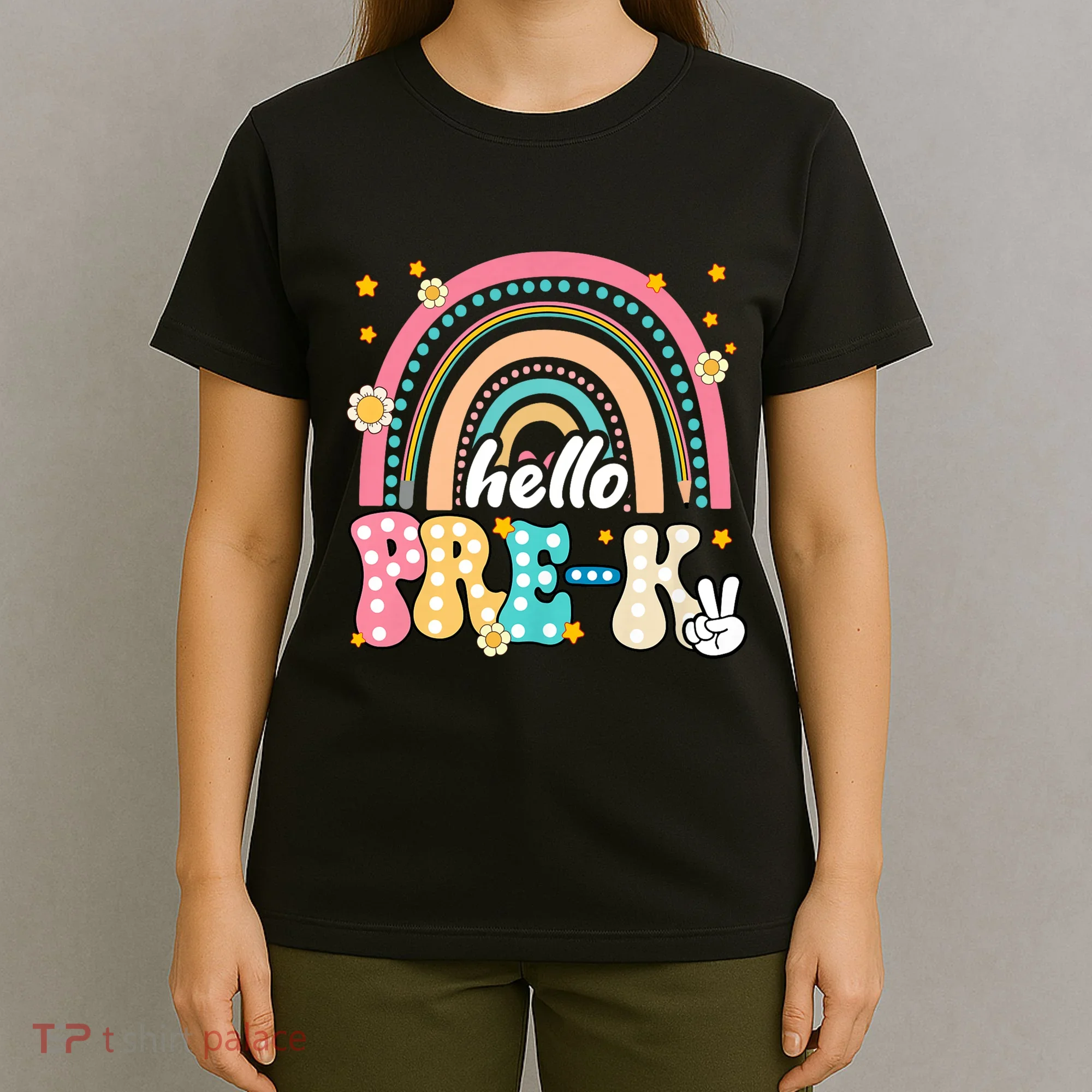 Groovy Rainbow Hello Pre K First Day Teacher T-Shirt