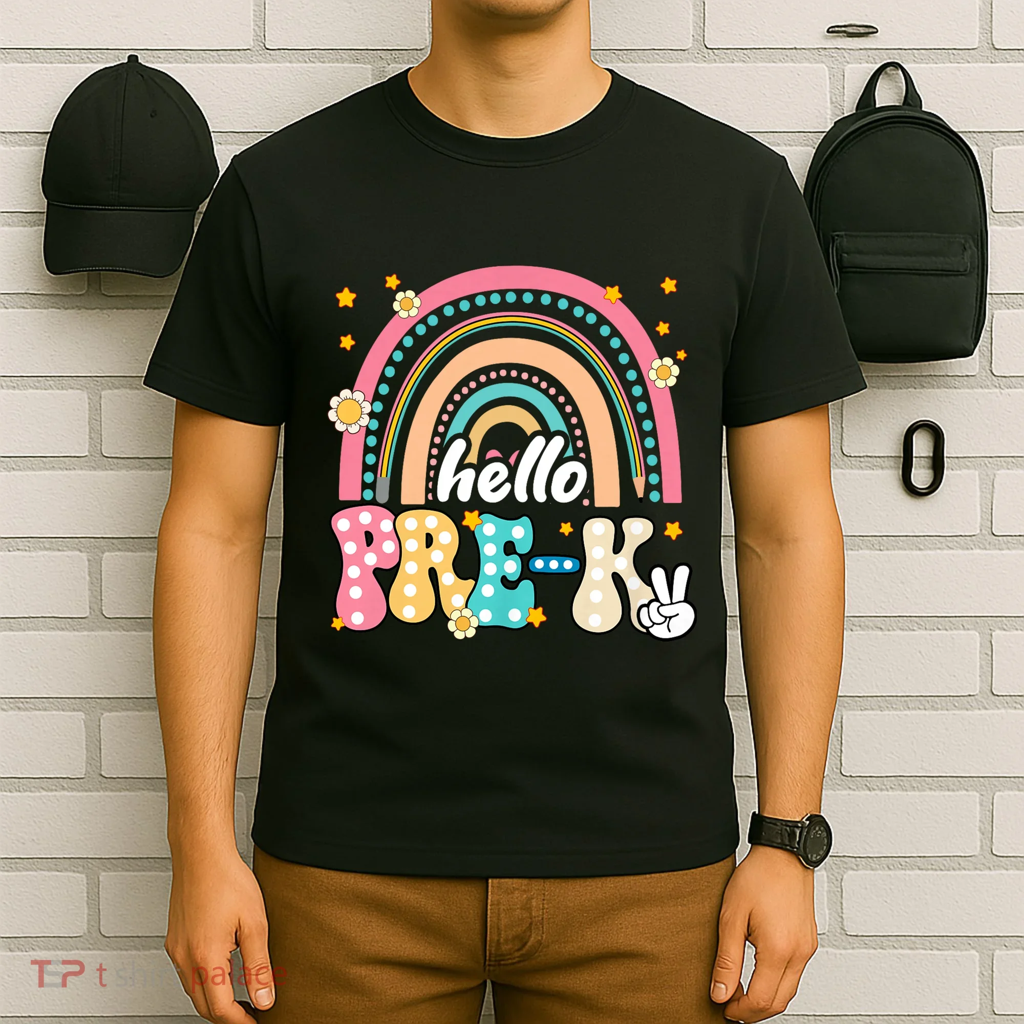 Groovy Rainbow Hello Pre K First Day Teacher T-Shirt