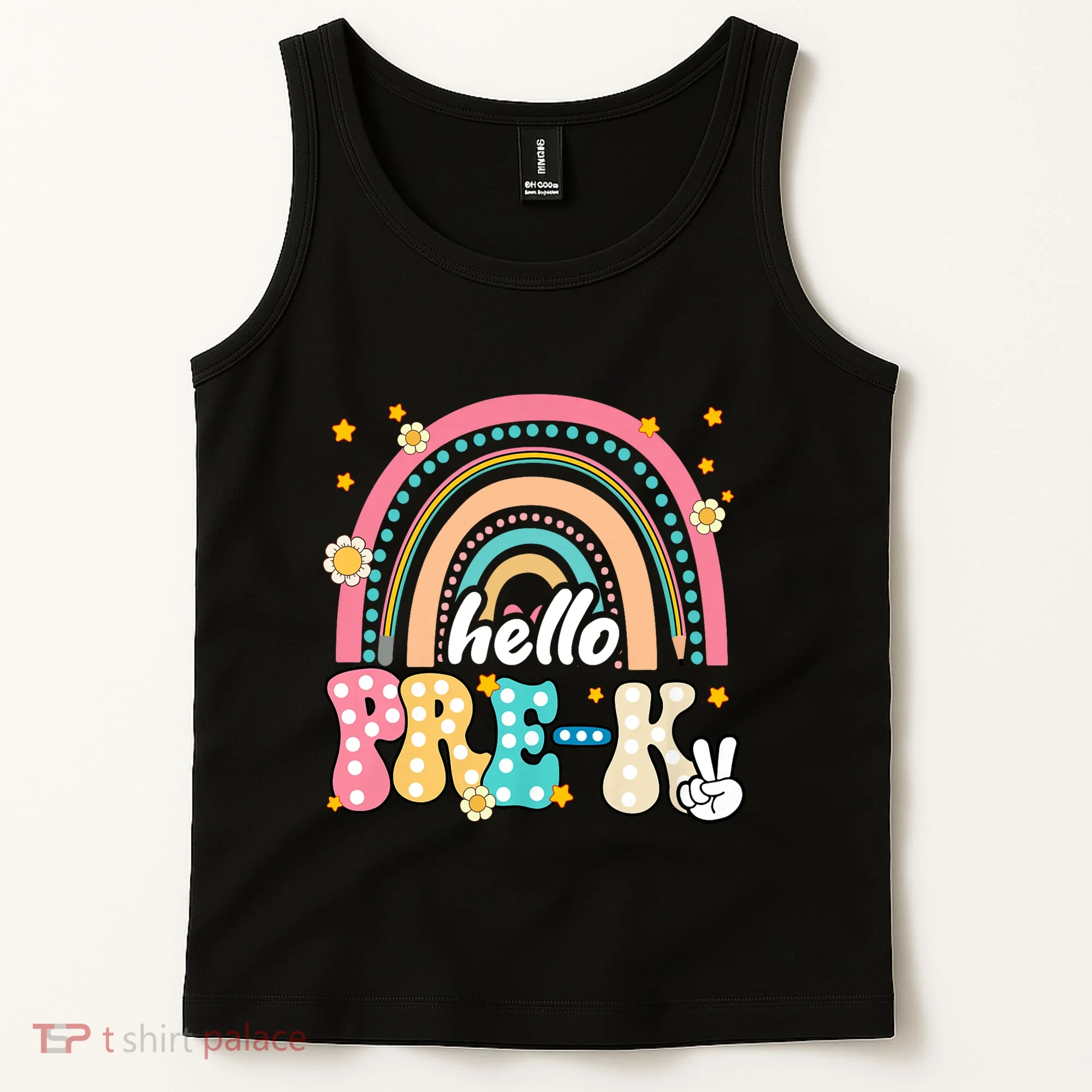 Groovy Rainbow Hello Pre K First Day Teacher Tank Top