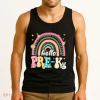 Groovy Rainbow Hello Pre K First Day Teacher Tank Top thumb 3
