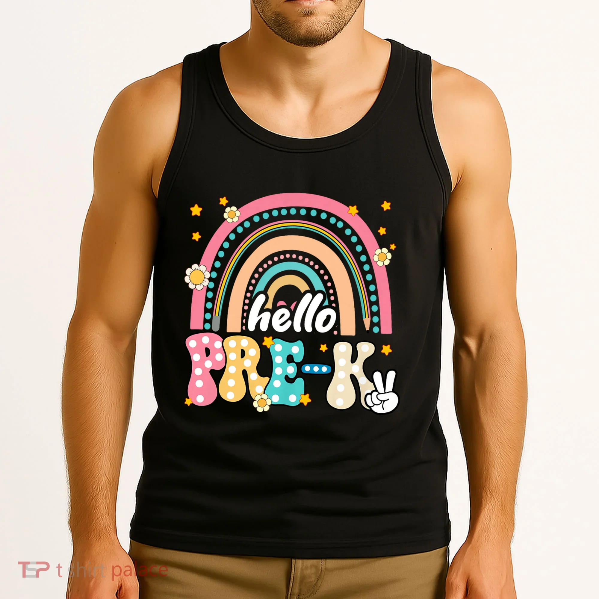 Groovy Rainbow Hello Pre K First Day Teacher Tank Top