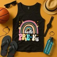 Groovy Rainbow Hello Pre K First Day Teacher Tank Top thumb 4