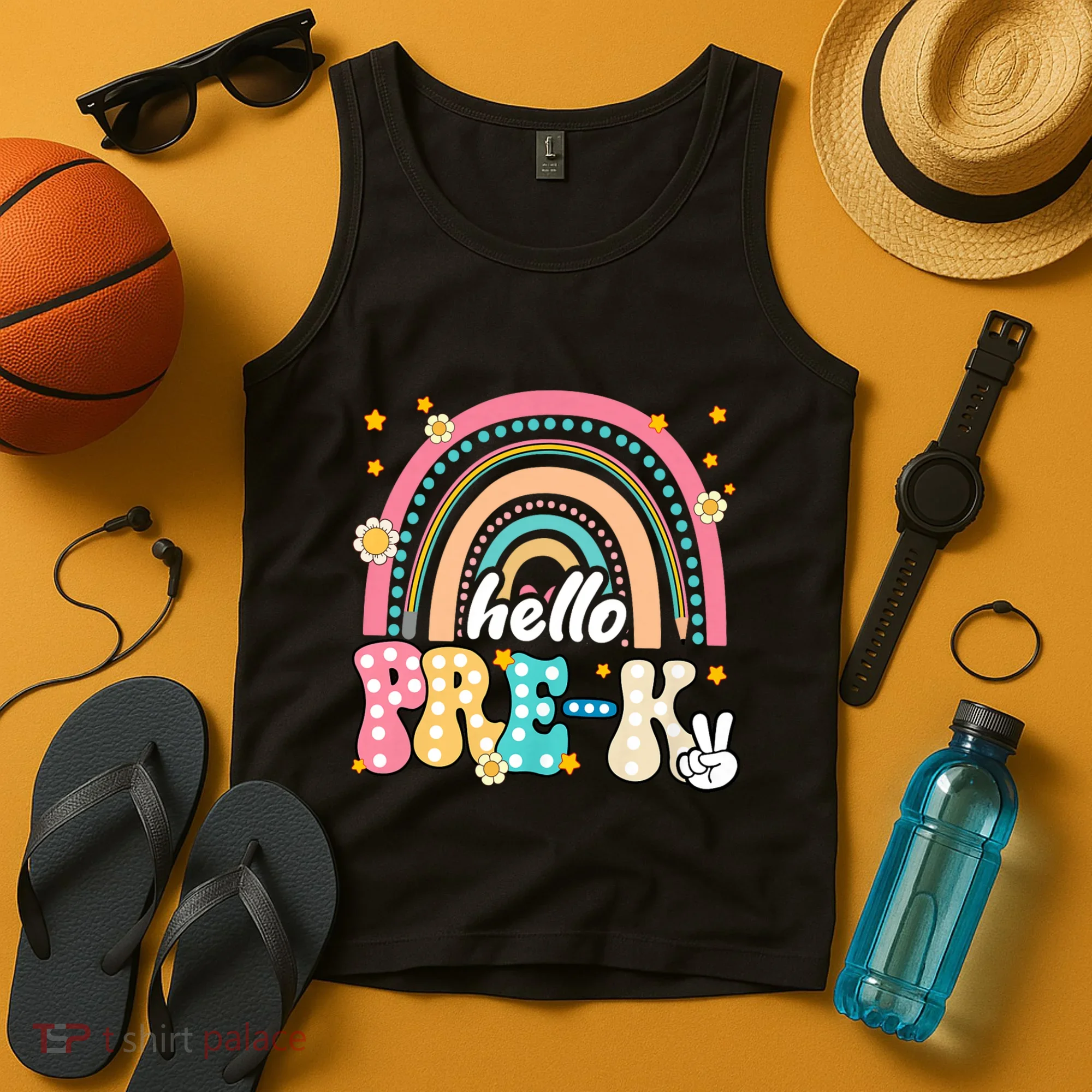 Groovy Rainbow Hello Pre K First Day Teacher Tank Top