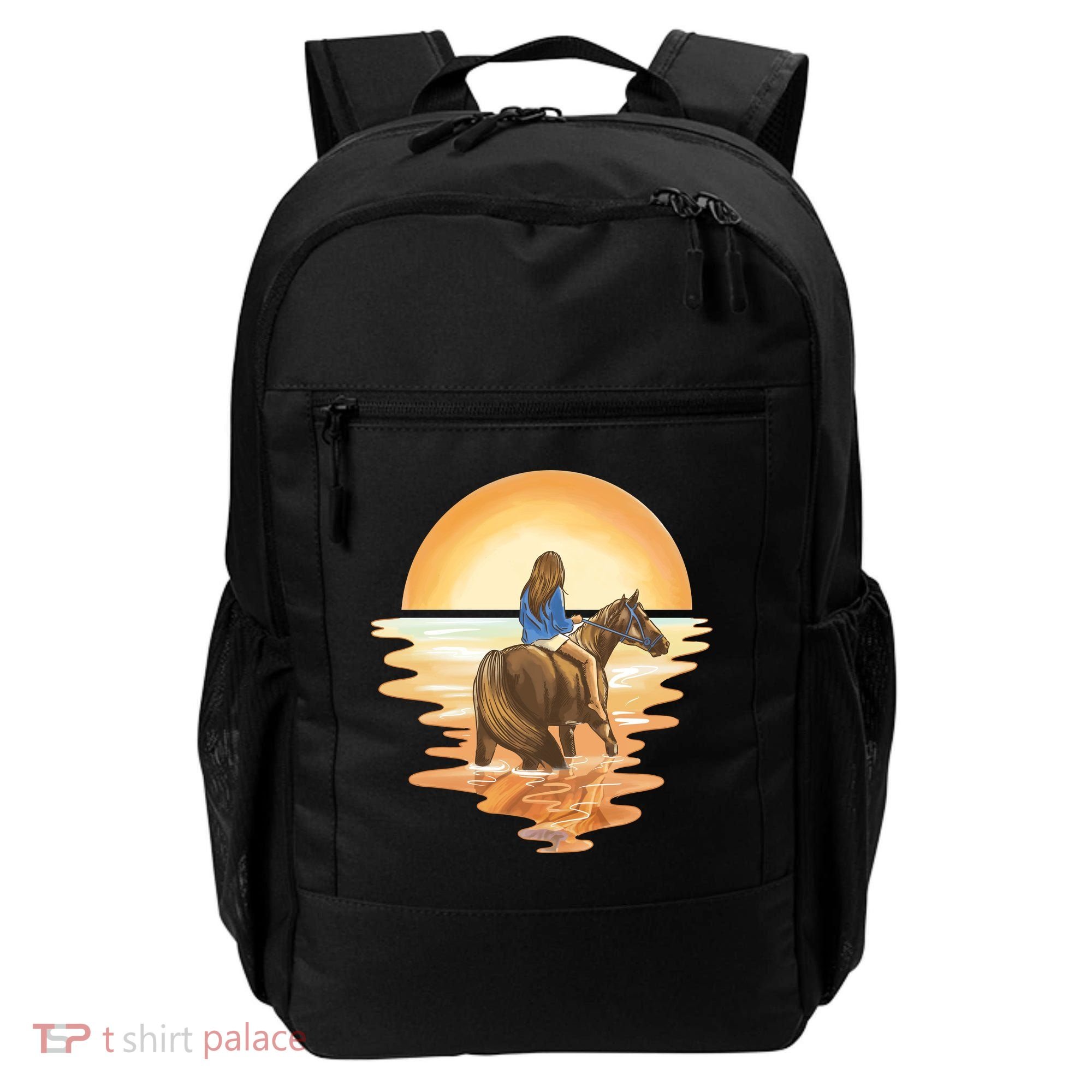Girl Riding Horse Sunset Backpack