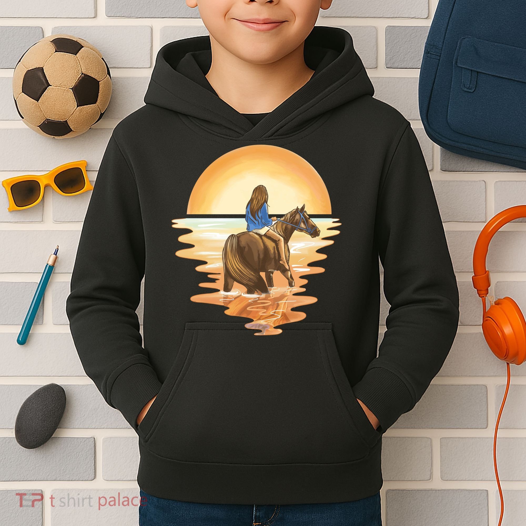 Girl Riding Horse Sunset Kids Hoodie