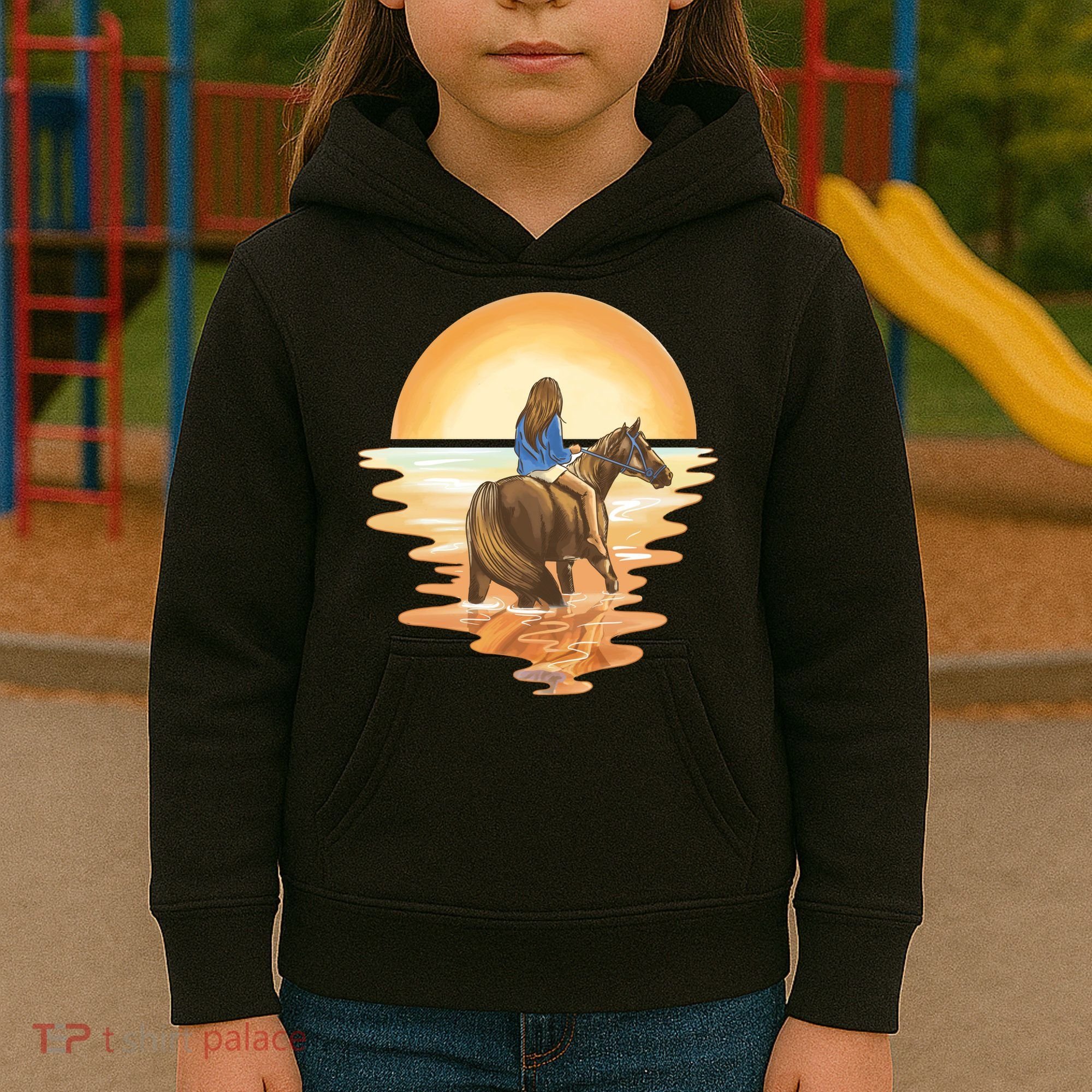 Girl Riding Horse Sunset Kids Hoodie