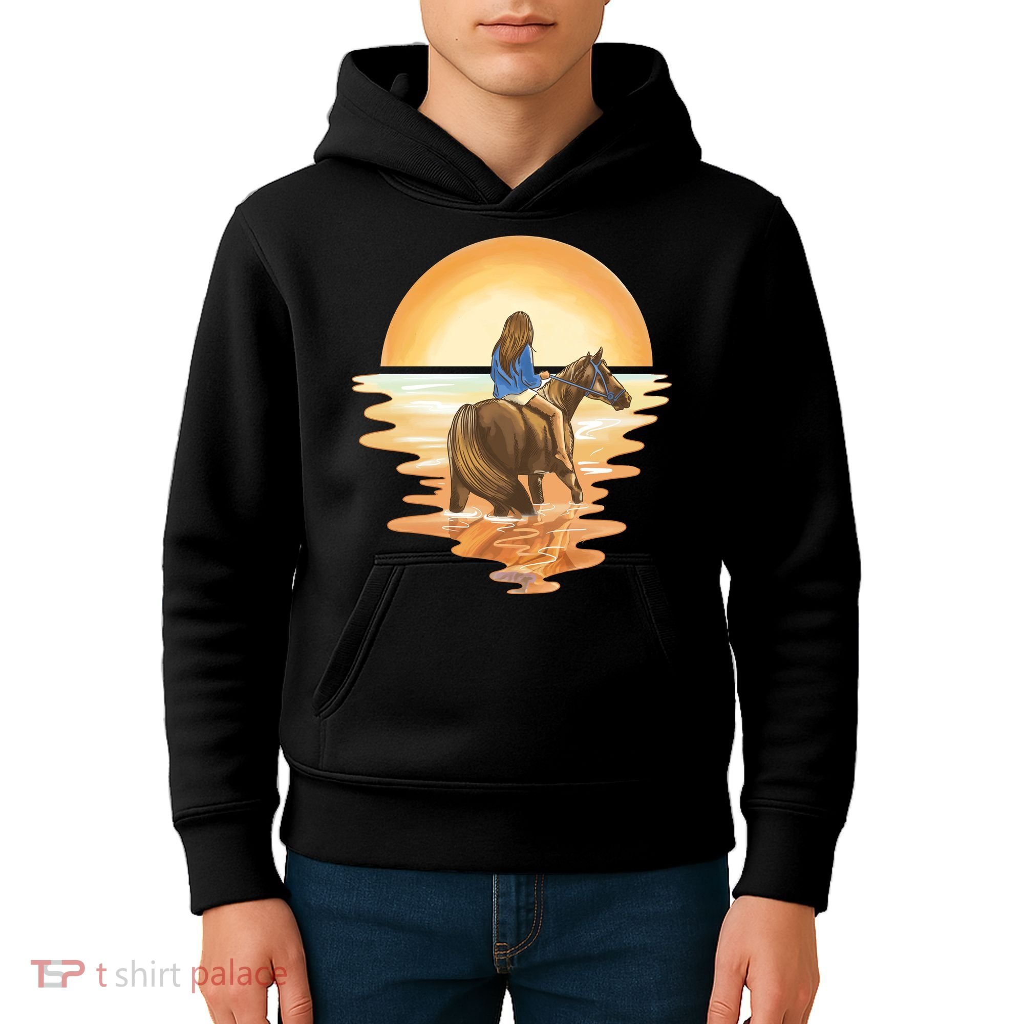 Girl Riding Horse Sunset Kids Hoodie