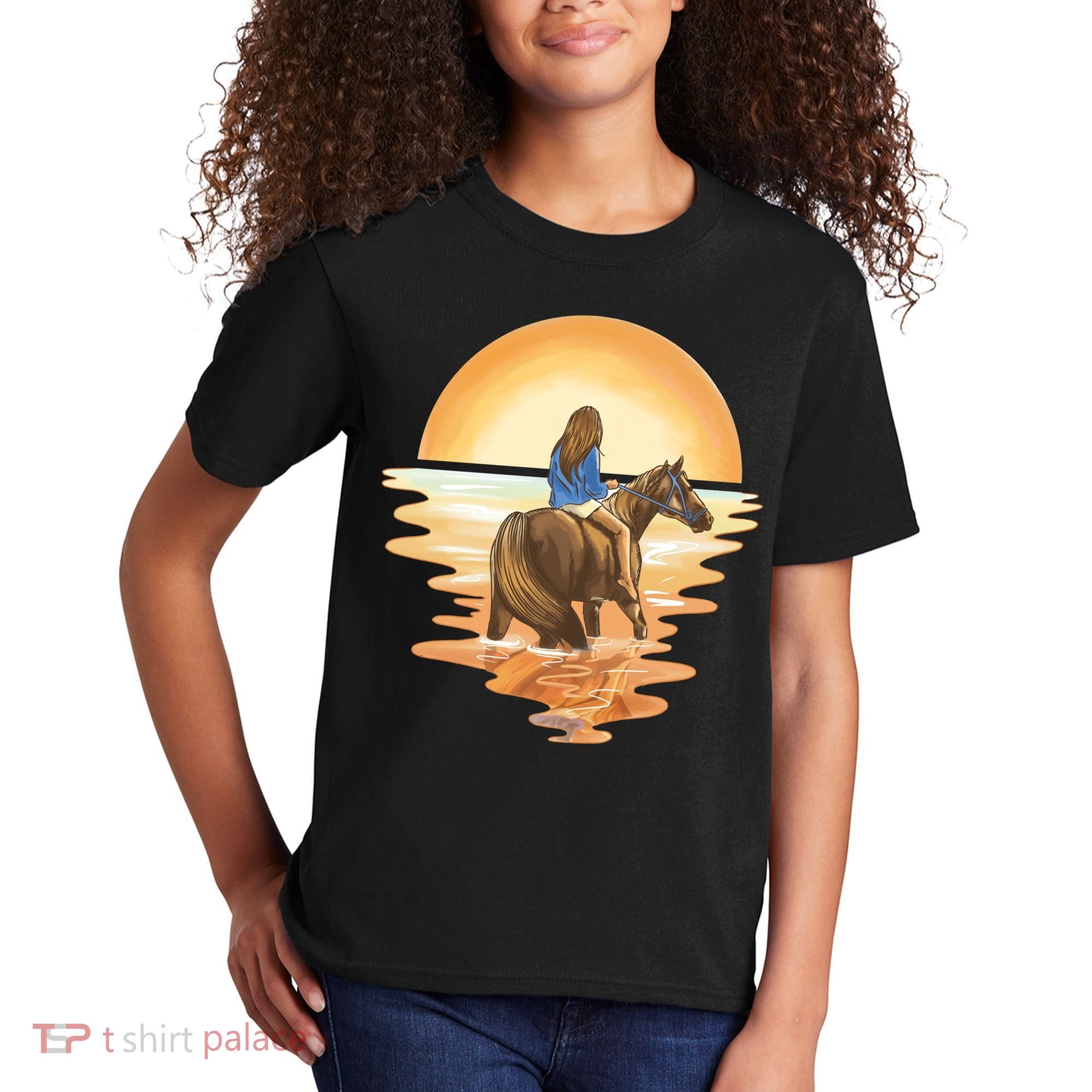 Girl Riding Horse Sunset Kids T-Shirt