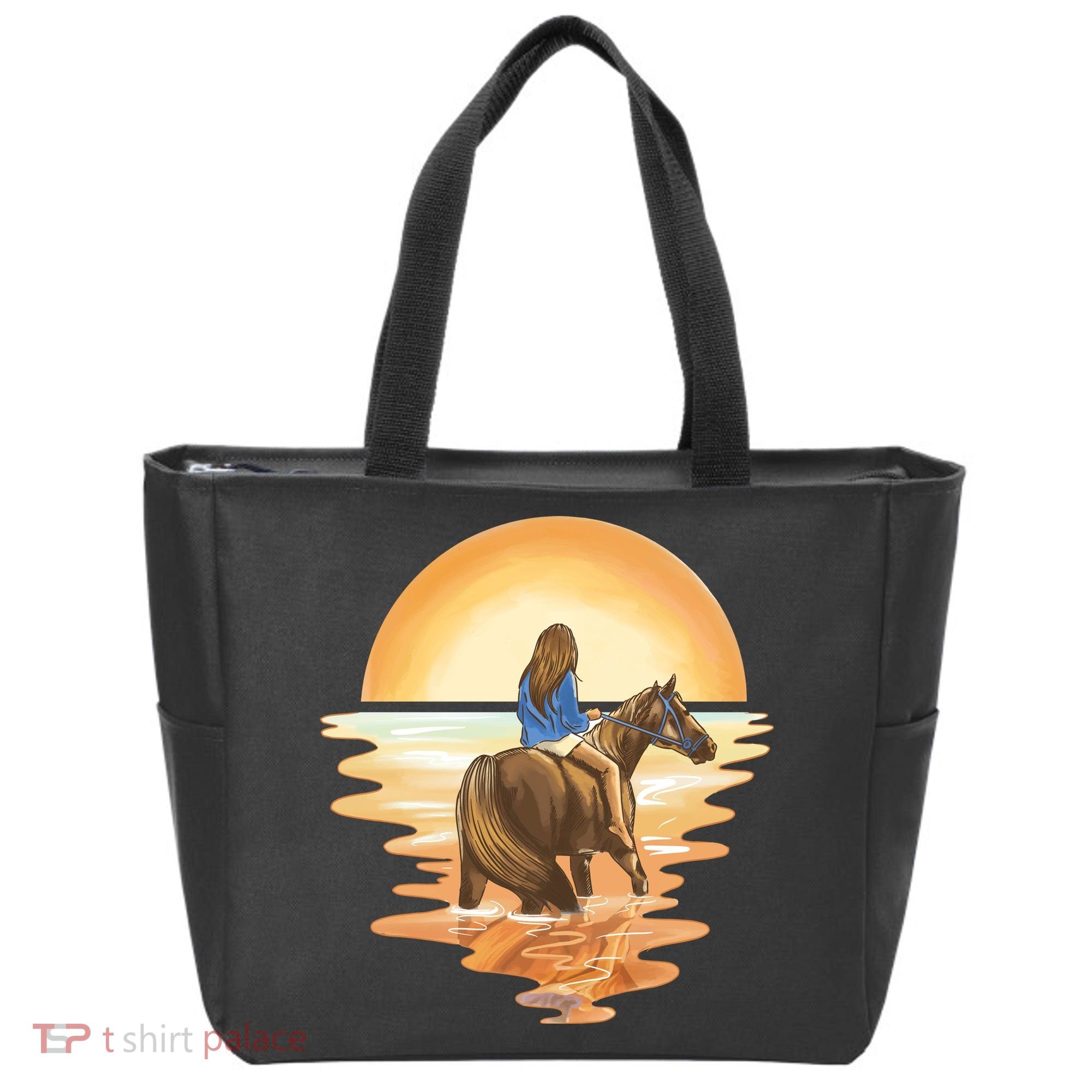 Girl Riding Horse Sunset Tote Bag