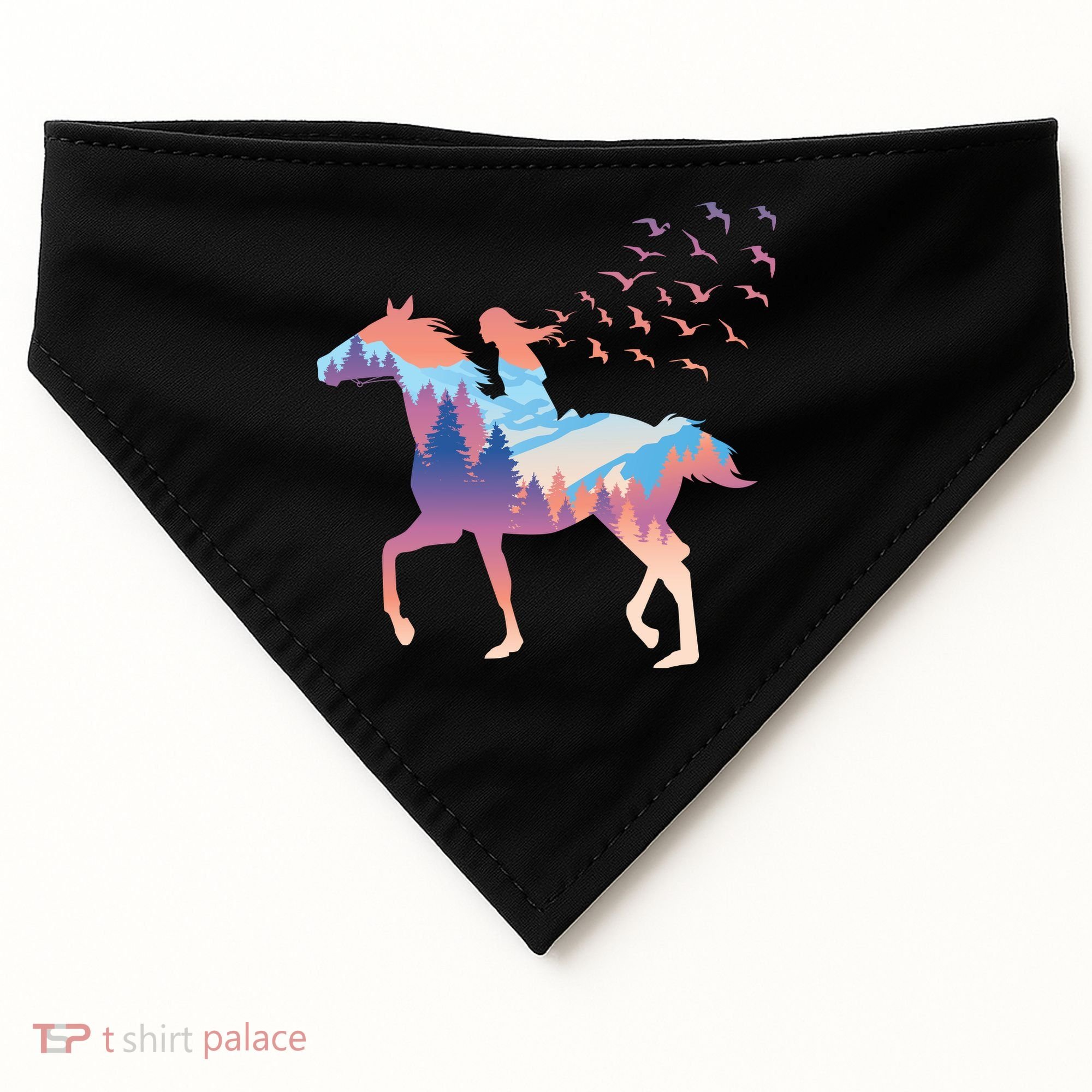 Girl Riding Horse In Forest USA-Made Doggie Bandana