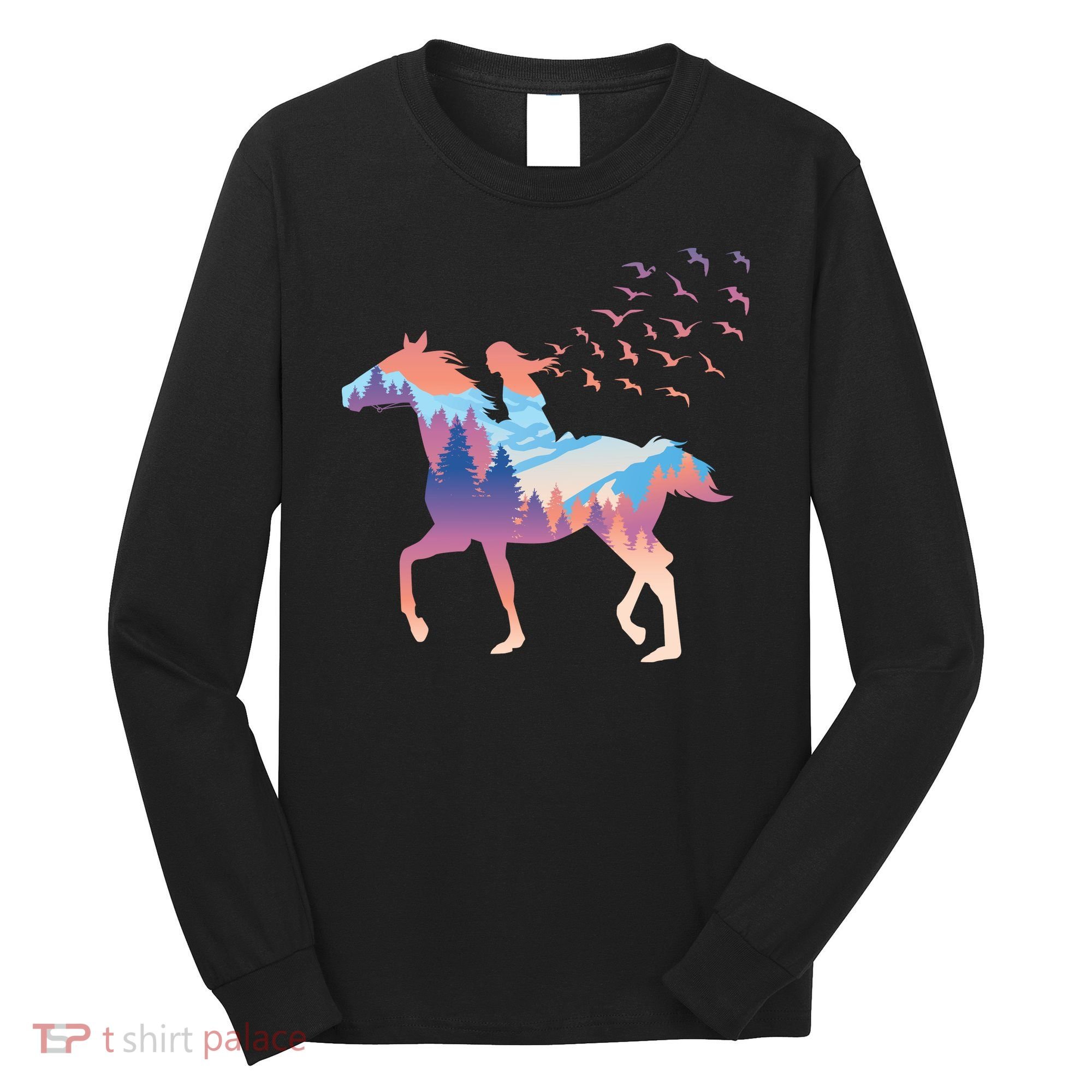 Girl Riding Horse In Forest Long Sleeve Shirt