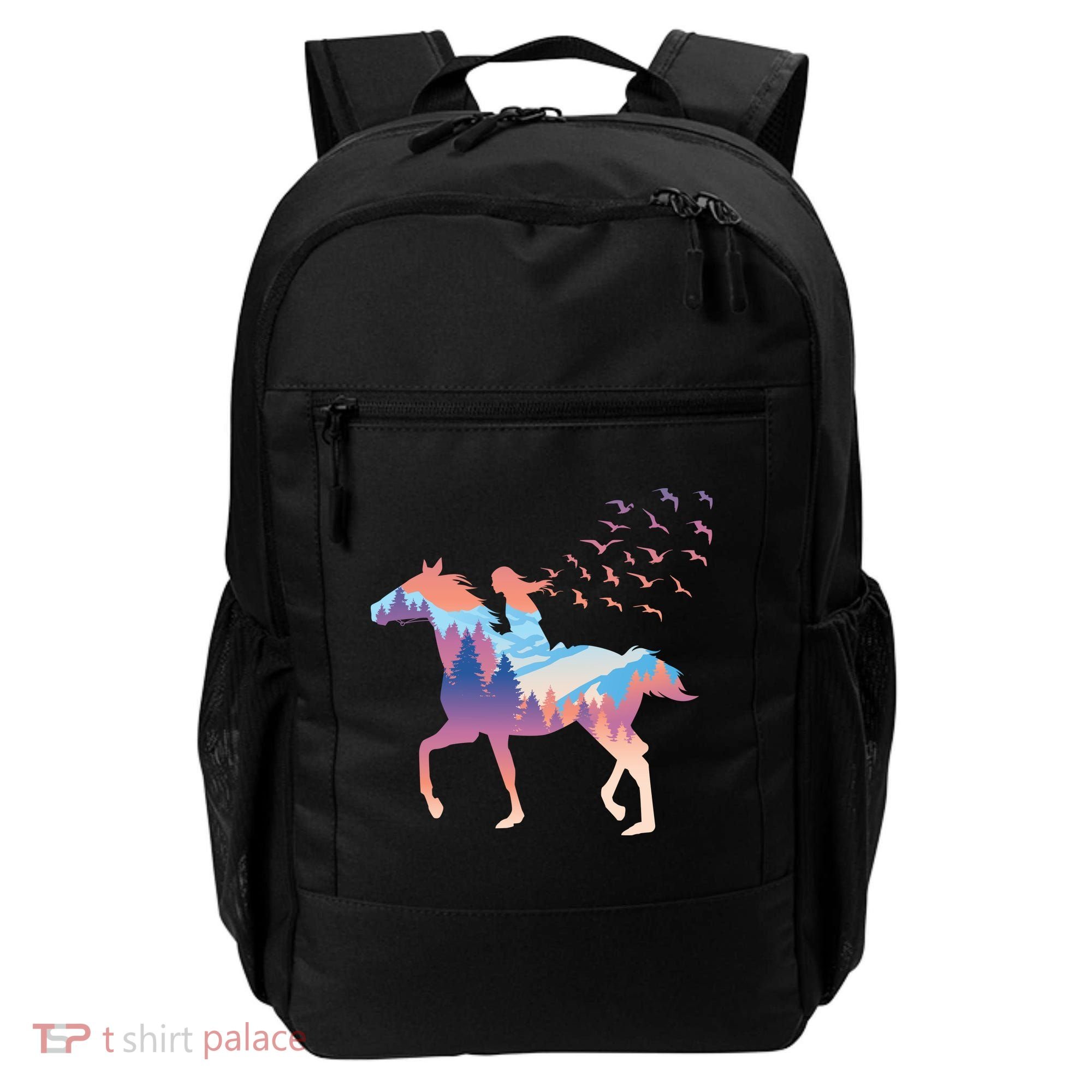 Girl Riding Horse In Forest Backpack